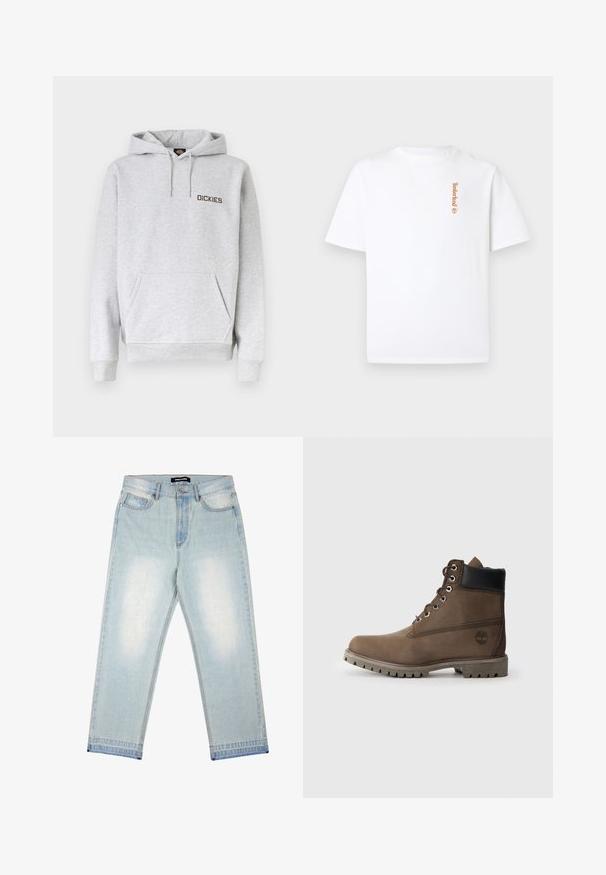 Hellgrauer Kapuzenpullover mit Fronttasche, Kordelzugkapuze, gerippten Bündchen und "DICKIES"-Logo auf der linken Brust.; Weißes T-Shirt mit kurzen Ärmeln und Rundhalsausschnitt, mit kleinem, vertikal angeordnetem Timberland-Logo in Orange auf der linken Brustseite.; Pegador BARROW - Loose Jeans - sand washed blue; Braune Leder-Stiefelette mit schwarzem Kragen, Metallösen und robustem grauen Sohlen. Verfügt über ein Logo an der Seite und genähten Details.