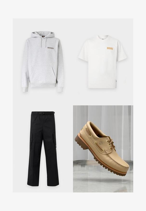Sweat à capuche gris clair avec poche ventrale, capuche à cordon, poignets côtelés et logo "DICKIES" sur la poitrine gauche.; T-shirt blanc à manches courtes avec col rond, petit logo orange "DICKIES" sur la partie supérieure gauche de la poitrine.; Pantalons cargo noirs avec une coupe large, une taille ajustable avec une boucle et deux poches latérales pour le rangement. Tissu léger.; Chaussure bateau en cuir marron clair avec semelle épaisse et striée et détails de lacets, flottant au-dessus d'un sol en marbre et d'un fond de stores verticaux blancs.