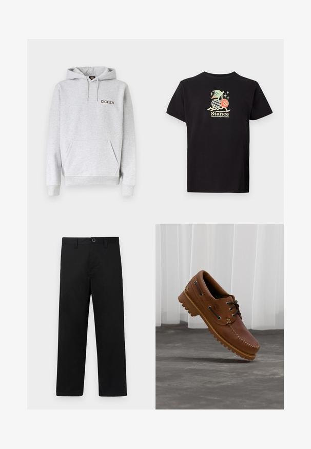 Sweat à capuche gris clair avec poche ventrale, capuche à cordon, poignets côtelés et logo "DICKIES" sur la poitrine gauche.; T-shirt en coton noir avec un imprimé graphique coloré représentant un ananas et des cerises, avec le texte "Stance Community Run Club". Manches courtes.; Pantalon en coton noir coupe droite, avec une taille standard, des passants de ceinture et une fermeture à un bouton. Texture lisse, sans motifs.; Chaussure de bateau en cuir marron avec des lacets noirs, des coutures beiges et une semelle robuste, suspendue au-dessus d'un sol en béton gris.