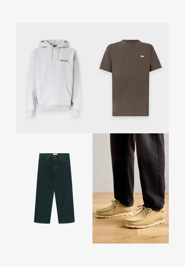 Lysegrå hættetrøje med forreste kangurulomme, snøre i hætten, ribstrikkede manchetter og "DICKIES"-logo på venstre bryst.; Brun bomulds T-shirt med rund hals og korte ærmer. Har et lille hvidt "OBEY" logo på øverste venstre brystområde.; Mørkegrønne vidde denimjeans med knap- og lynlås lukning, forlommer og bæltestropper, liggende fladt på en hvid baggrund.; Beige ruskind snørebåndssko bæres med sorte bukser på et trægulv, der viser en afslappet og komfortabel stil.