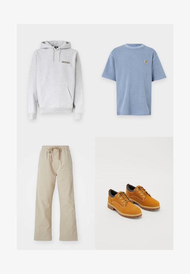 Sudadera con capucha gris claro con bolsillo frontal tipo canguro, capucha con cordón, puños acanalados y el logo "DICKIES" en el pecho izquierdo.; Camiseta de manga corta color azul claro con un patrón acanalado texturizado y parche de logo bordado en el pecho izquierdo. Cuello redondo.; Pantalones de algodón beige con cintura elástica y cordón ajustable. Diseño de pierna recta, textura suave y sin patrones o acentos visibles.; Zapatos de ante marrón con punta redonda, cordones amarillos, un collar acolchado negro y suelas de goma con surcos de tracción.