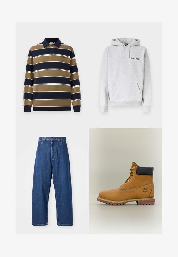 Sudadera con capucha gris claro con bolsillo frontal tipo canguro, capucha con cordón, puños acanalados y el logo "DICKIES" en el pecho izquierdo.; Polo de manga larga con rayas verticales en azul marino, beige y blanco; cuenta con un collar, tapeta de tres botones y un logo bordado en el pecho.; Jeans de pierna ancha de denim en azul oscuro. Presentan una cintura alta, trabillas para cinturón y un diseño clásico de cinco bolsillos. Bajo cosido con un acabado limpio.; Bota de tobillo de cuero marrón con cuello negro, cordones amarillos y suela beige. Presenta un logotipo y detalles de costura blanca. Suela exterior con tracción robusta.