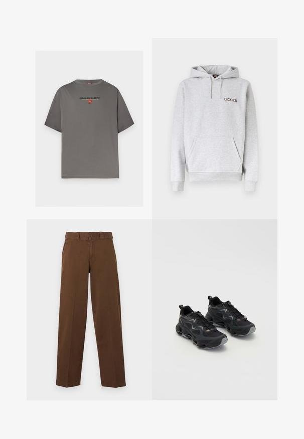 Sweat à capuche gris clair avec poche ventrale, capuche à cordon, poignets côtelés et logo "DICKIES" sur la poitrine gauche.; T-shirt gris à manches courtes avec le logo "OAKLEY" et un petit graphisme rouge centré sur la poitrine, présenté sur un fond blanc uni.; Pantalon marron à jambes droites avec fermeture à boutons et zip, passants pour ceinture et poches latérales, présenté sur un fond clair.; Chaussures de sport noires avec une tige en maille texturée, dotées d'une semelle épaisse, d'un système de laçage et de subtils accents gris.