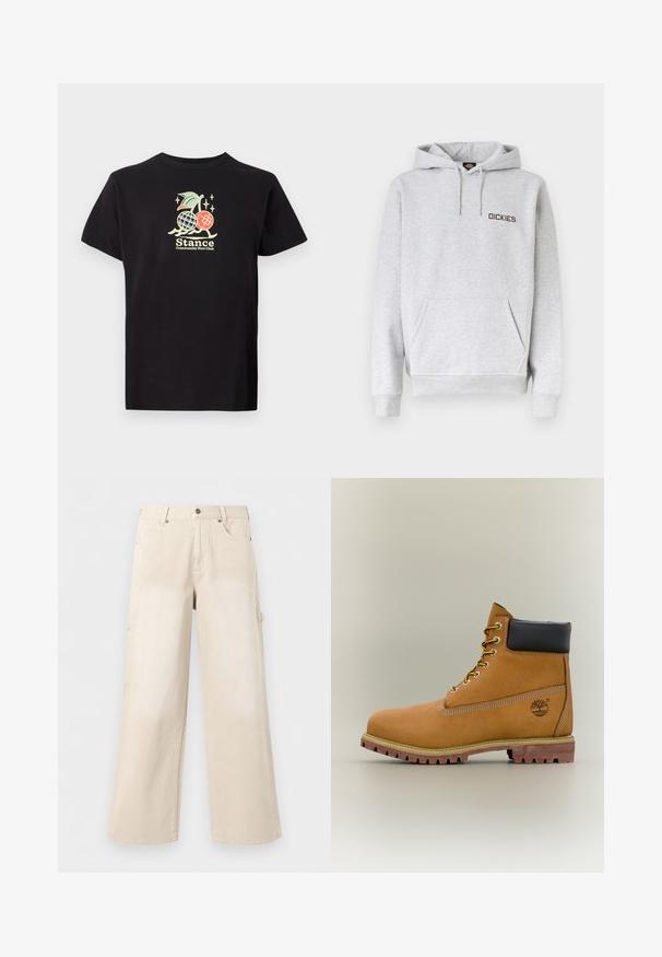 Hellgrauer Kapuzenpullover mit Fronttasche, Kordelzugkapuze, gerippten Bündchen und "DICKIES"-Logo auf der linken Brust.; Schwarzes Baumwoll-T-Shirt mit einem bunten Grafikdruck, der eine Ananas und Kirschen zeigt. Der Text lautet "Stance Community Run Club." Mit kurzen Ärmeln.; Beige weite Hosen mit Vordertaschen, Knopfverschluss und Gürtelschlaufen, vor einfachem weißem Hintergrund gezeigt.; Brauner Leder-Stiefelette mit schwarzem Kragen, gelben Schnürsenkeln und hellbrauner Sohle. Verfügt über ein Logo und weiße Ziernähe. Robuste Profilsohle.
