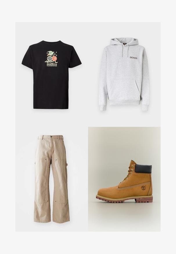 Lichtgrijze hoodie met voorvak, capuchon met trekkoord, geribbelde manchetten en "DICKIES" logo op de linkerborst.; Zwarte katoenen t-shirt met een kleurrijke grafische print van een ananas en kersen, tekst luidt "Stance Community Run Club." Korte mouwen.; Beige wijde broek van stevige katoen. Heeft voor- en zijzakken, zichtbare stiksels en metalen accenten op de zakken.; Bruine leren enkellaars met zwarte kraag, gele veters en een zandkleurige zool. Voorzien van een logo en witte stikseldetails. Robuuste loopzool met grip.