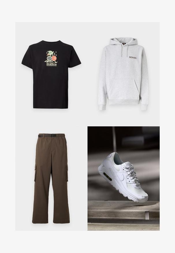 Lysegrå hættetrøje med forreste kangurulomme, snøre i hætten, ribstrikkede manchetter og "DICKIES"-logo på venstre bryst.; Sort bomulds t-shirt med et farverigt grafisk print af en ananas og kirsebær, teksten lyder "Stance Community Run Club." Korte ærmer.; Brune cargobukser med løs pasform, elastisk taljebånd og to sidelommer. Har et sort mønstret bælte, glat tekstur.; Hvide Nike Air Max 90 sneakers med en overdel i mesh og læder, perforeret tåboks og en synlig luftenhed i hælen.