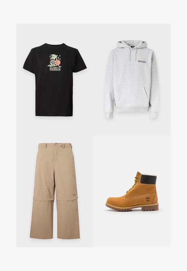 Svetlosivá mikina s kapucňou, predným vreckom na brušku, šnúrkou na kapucni, rebrovanými manžetami a logom "DICKIES" na ľavej strane hrudníka.; Čierne bavlnené tričko s farebnou grafickou potlačou ananásu a čerešní, text znie "Stance Community Run Club." Krátke rukávy.; Béžové nastaviteľné nohavice s odnímateľnými dolnými časťami na zips, pútkami na opasok, bočnými vreckami a zapínaním na gombíky, zobrazené na bielom pozadí.; Hnedé kožené ankle boot s kovovými očkami, bielym kožúškom vo vnútri, čiernym vypolstrovaným golierom, robustnou podrážkou a vyrazeným logom na boku.