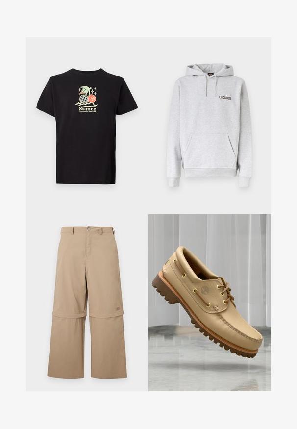 Svetlosivá mikina s kapucňou, predným vreckom na brušku, šnúrkou na kapucni, rebrovanými manžetami a logom "DICKIES" na ľavej strane hrudníka.; Čierne bavlnené tričko s farebnou grafickou potlačou ananásu a čerešní, text znie "Stance Community Run Club." Krátke rukávy.; Béžové nastaviteľné nohavice s odnímateľnými dolnými časťami na zips, pútkami na opasok, bočnými vreckami a zapínaním na gombíky, zobrazené na bielom pozadí.; Svetlohnedé kožené lodné topánky s hrubou, akoby ryhovanou podrážkou a detailmi šnurovania, plávajúce nad mramorovou podlahou a pozadím bielych vertikálnych roliet.