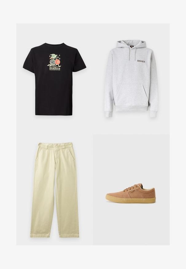 Lysegrå hættetrøje med forreste kangurulomme, snøre i hætten, ribstrikkede manchetter og "DICKIES"-logo på venstre bryst.; Sort bomulds t-shirt med et farverigt grafisk print af en ananas og kirsebær, teksten lyder "Stance Community Run Club." Korte ærmer.; Beige bomuldsbukser med en afslappet pasform, der har sidelommer, bæltestropper og lige ben. Glat tekstur med minimale syningsdetaljer.; Etnies BARGE - Sneakers - brown/beige/gum