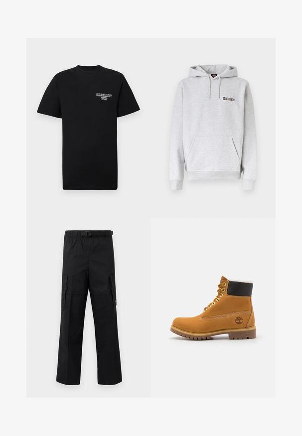 Lichtgrijze hoodie met voorvak, capuchon met trekkoord, geribbelde manchetten en "DICKIES" logo op de linkerborst.; Zwarte katoenen t-shirt met korte mouwen en een ronde hals, met een witte bedrukte logo op de linkerborst. Gladde textuur, normale pasvorm.; Zwarte cargobroek met een wijde pasvorm, een verstelbare tailleband met een gesp en twee zijzakken voor opslag. Lichtgewicht stof.; Bruine leren enkellaars met metalen oogjes, witte faux bont voering, zwarte gewatteerde kraag, robuuste zool en een reliëflogo aan de zijkant.
