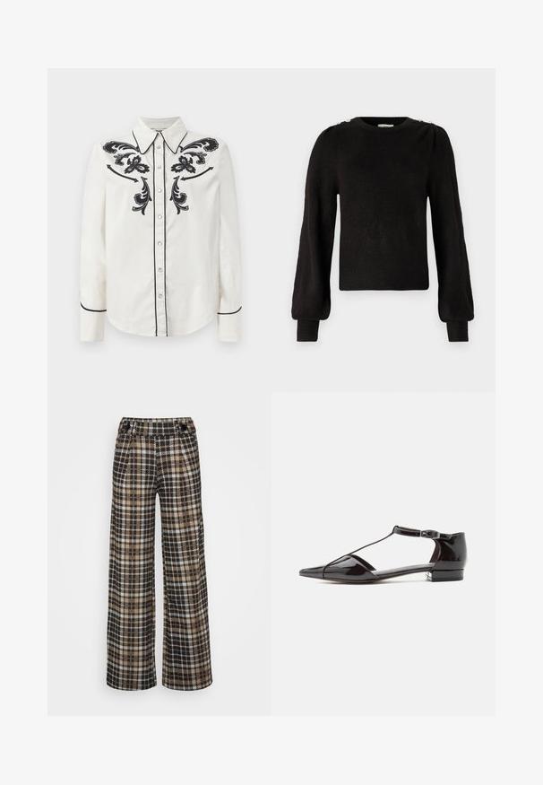 JDY JDYELANORA O NECK BUTTON - Jersey de punto - black; Camisa de algodón blanca con bordado floral negro en el pecho, ribete negro en el cuello y puños, y cierre de botones en la parte delantera.; JDY JDYGEGGO MIA LONG CHECK PANT - Pantalones - black/silver mink/white; Zapato de tacón bajo de charol negro con punta puntiaguda y cierre de hebilla en tira en T, mostrado de perfil sobre un fondo liso.