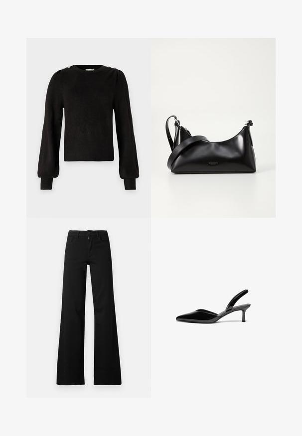 JDY JDYELANORA O NECK BUTTON - Trui - black; Zwarte hoge taille wijde broek met knoop- en ritssluiting aan de voorkant, riemlussen en voorzakken op een witte achtergrond.; Zwarte gepolijste leren slingback hakken met een puntige neus, een lage stiletto hak en een elegant, eenvoudig ontwerp zonder versieringen.; Zwarte leren handtas met een gladde textuur. Beschikt over een verstelbare schouderband en een strak, minimalistisch ontwerp met een ritssluiting.