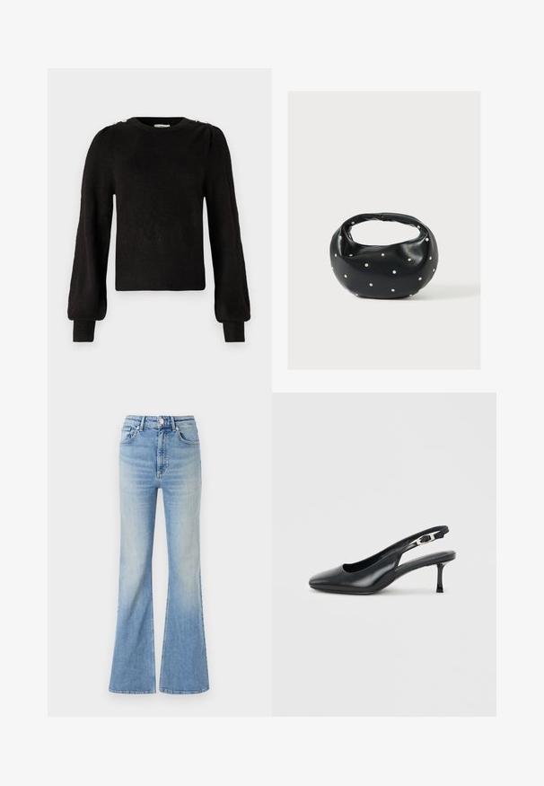 JDY JDYELANORA O NECK BUTTON - Πουλόβερ - black; Ανοιχτό μπλε τζιν φαρδιάς γραμμής από τζιν, με ψηλή μέση, σχέδιο με πέντε τσέπες και διακριτική βαθμιαία απώλεια χρώματος προς το στρίφωμα.; Μαύρο δερμάτινο γυναικείο παπούτσι με μυτερή μύτη και λουράκι στο πίσω μέρος, με χαμηλό, λεπτό τακούνι στιλέτο και ρυθμιζόμενο λουράκι με αγκράφα, σε απλό ανοιχτό φόντο.; Μαύρη δερμάτινη τσάντα χειρός με στρογγυλεμένο σχήμα, διακοσμημένη με ασημένιες λεπτομέρειες με καρφιά και κοντή λαβή. Λείο υλικό και κλείσιμο με φερμουάρ.