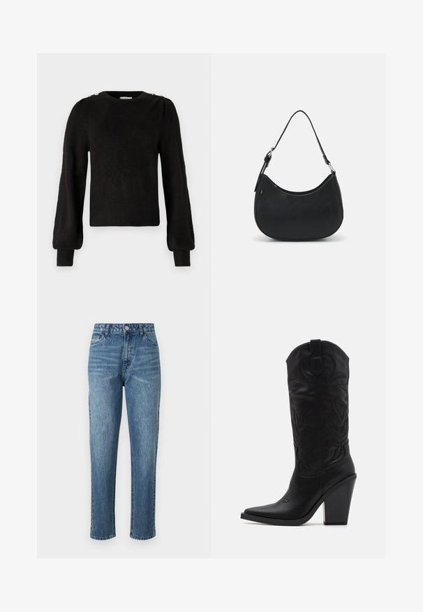 JDY JDYELANORA O NECK BUTTON - Džemper - black; Sinised teksapüksid sirge säärega disainiga, viie taskuga ja ees nupuga kinni. Heledam pesu koos kerge fade'iga ja tekstuuriga pinnaga.; Simmi London DANIQUE - Kõrge kontsaga saapad - black; Must have musta kotka, valmistatud siledast nahast, kaarekujulise siluetiga, millel on üks reguleeritav sang ja minimaliseeritud disainielemendid.