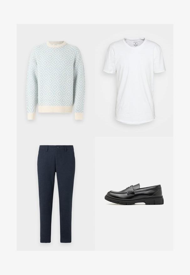 Himmelblauer und cremefarbener, rautenförmiger, gestrickter Pullover mit gerippten Bündchen, Saum und Rundhalsausschnitt, auf weißem Hintergrund präsentiert.; Weißes T-Shirt mit kurzen Ärmeln aus Baumwolle und klassischem Rundhalsausschnitt. Verfügt über einen leicht abgerundeten Saum und minimale Nähdetails.; Dunkelblaue Slim-Fit-Hosen mit Gürtelschlaufen, Frontknopf und vorderen Taschen, auf einem weißen Hintergrund präsentiert.; Schwarze Lederloafer mit einem breiten Riemen über dem Rist, Gummisohle mit dicken Profilen und glatter Textur. Klassisches, schlankes Design.