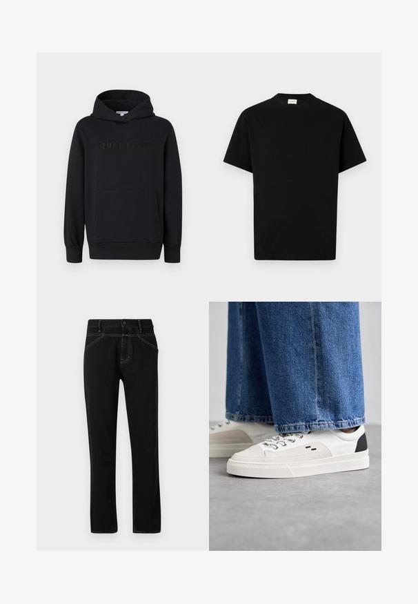 Zwarte hoodie, zachte stof, pullover ontwerp, voorzak in kangoeroestijl, reliëf 'QUARTZ CO' logo op de borst, ribgebreide manchetten en onderkant.; Zwarte katoen t-shirt met ronde hals, korte mouwen en rechte snit. Geen zichtbare patronen of hardwaredetails.; Zwarte denim jeans met een rechte snit, voorzien van gele stiksels, vijf zakken en een knoopsluiting aan de voorkant. Soepele textuur en een minimalistisch ontwerp.; Witte en zwarte sneakers met een glad leren bovenwerk, textuuraccenten en een chunky witte zool. Heeft een klassiek vetersluiting ontwerp.
