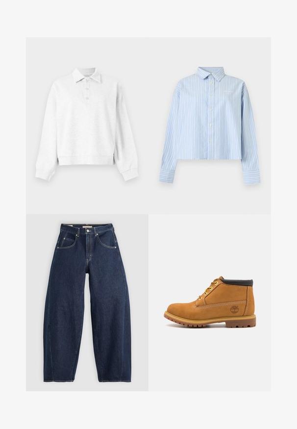 Lysegrå pullover med lange ærmer, krave og tre knapper på slidserne, ribbede manchetter og en let cropped kant.; Lyseblå skjorte med lange ærmer med hvide lodrette striber, krave, knaplukning foran og brede manchetter mod en ensfarvet baggrund.; Mørkeblå denim jeans med løs pasform, lyse syninger, fem lommer og en knaplukning ved taljen.; Brune ruskinds ankelstøvle med sort polstret krave, gule snørehuller og struktureret gummisål. Har et printet logo på siden.