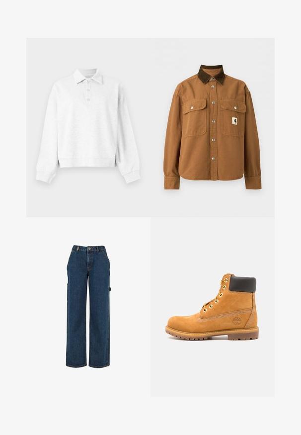 Lysegrå pullover med lange ærmer, krave og tre knapper på slidserne, ribbede manchetter og en let cropped kant.; Brun knappet jakke med mørkebrun fløjlskrave, to forlommer med klap og sølvfarvede trykknapper samt et lille rektangulært logopatch på brystet.; Mørkeblå denim cargobukser med højtaljet, vidde-ben design og sidelommer. Har synlige syninger og metalhardware-detaljer.; Brune læder ankelstøvle med sort polstring, gyldne øsken og en tekstureret sål. Har et cirkulært logo på siden og synlige syninger.