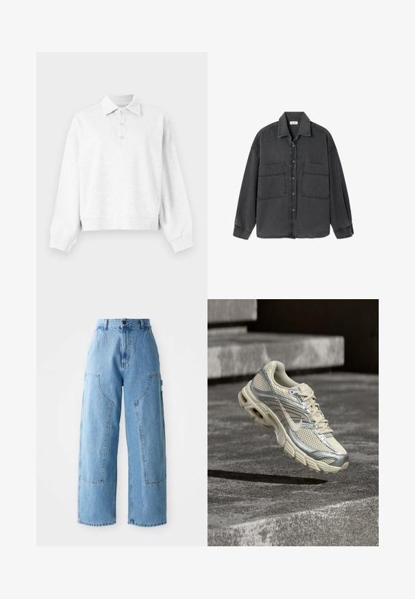 Lysegrå pullover med lange ærmer, krave og tre knapper på slidserne, ribbede manchetter og en let cropped kant.; Mørkegrå denimjakke med knapper, to store forlommer og klassisk krave, vist fladt på en hvid baggrund.; Lysblå højtaljede brede denim bukser med store frontlomme og synlige stikninger på en hvid baggrund.; Beige og sølv Nike løbesko med mesh og snøredetaljer, svævende over betontrin.