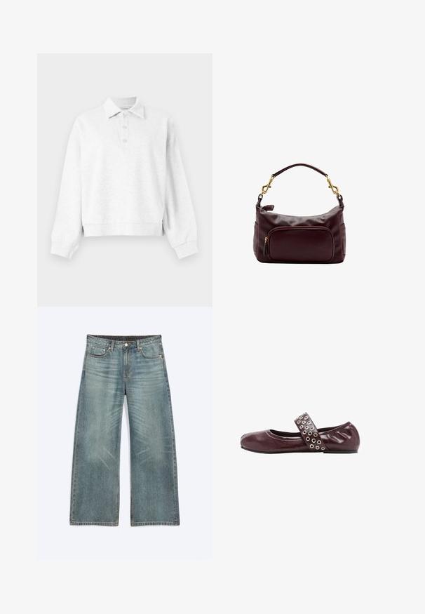 Lichtgrijze pullover met lange mouwen, een kraag en drie knopen op de sluitlijst, geribbelde manchetten en een iets kortere zoom.; Blauwe wijde denim jeans met voorzakken, riemlussen, knoopsluiting en subtiele vervaagde details op dijen en knieën.; Bordeaux leren ballerina met een ronde neus, elastische band met zilveren oogjes, en een zachte, geplooide hak voor extra comfort.; Donkerbruine leren schoudertas met gouden sluitingen, voorvak met rits en enkele gebogen handvat op witte achtergrond.