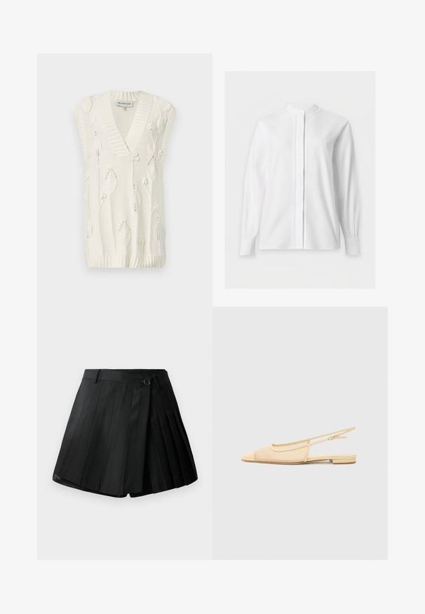 Witte gebreide mouwloze trui met een V-hals, geribbelde randen en bloemrijke borduursels verspreid over het geheel. Zachte textuur met een losse pasvorm.; Witte blouse met lange mouwen, mandarijnkraag en verborgen knoopsluiting, getoond op een effen witte achtergrond.; Zwarte geplooide shorts met een vlakke voorkant, knoopsluiting en lichtgewicht stof. Gedetailleerd met scherpe plooien en een nette zoom.; Slingback ballerina in lichtbeige met een mesh bovenwerk, spitse neus en een lage hak. Voorzien van een verstelbare band voor een goede pasvorm.