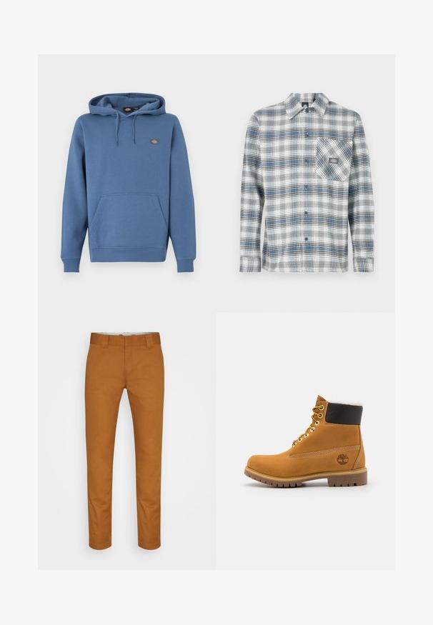 Sudadera con capucha de color azul medio, fabricada con un material suave, con un bolsillo frontal, puños acanalados y un logo bordado en el pecho.; Camisa de manga larga a cuadros en gris, azul y blanco. Cuenta con un cuello abotonado y un bolsillo en el pecho izquierdo con un parche de logo.; Pantalones de algodón marrones con corte recto, bolsillos frontales y una textura limpia y suave. Presentan trabillas para cinturón y detalles de costura discretos.; Botín de cuero marrón con ojales de metal, forro de piel sintética blanca, cuello acolchado negro, suela resistente y logotipo en relieve en el costado.