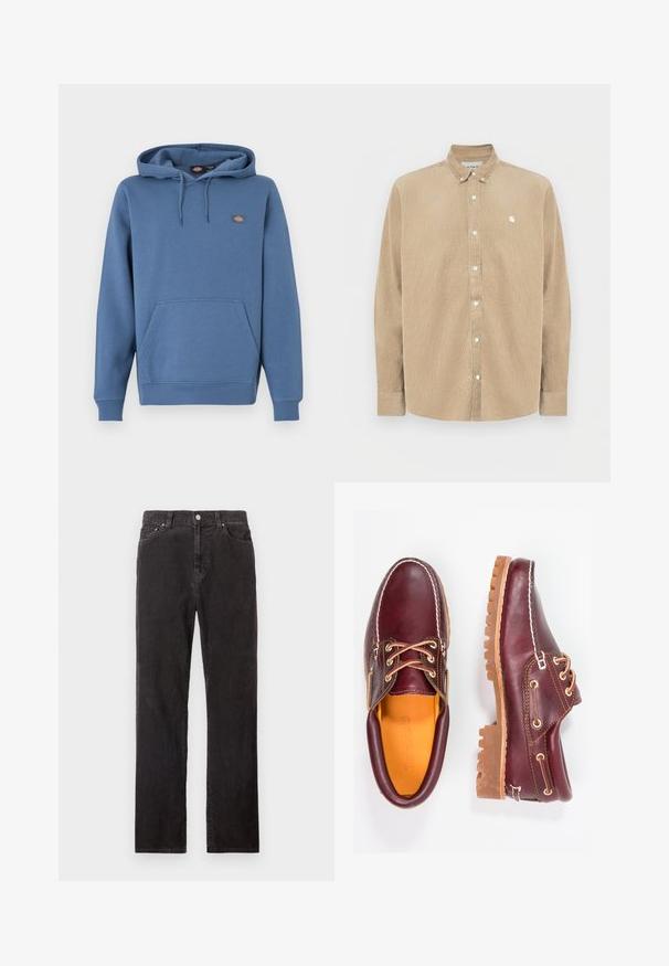 Hooded sweatshirt in a medium blue color, made from soft material with a front pocket, ribbed cuffs, and an embroidered logo on the chest.; Beige corduroy button-up shirt with a collar, white buttons, and a small logo on the left chest. Features long sleeves and a straight cut.; Black straight-leg corduroy trousers with front button, belt loops, and five-pocket styling on a white background.; Burgundy leather shoes with brown rubber soles, round toe, white stitching, and gold eyelets. Interior features a yellow lining.