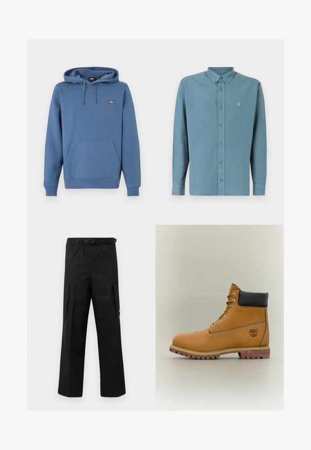 Sweat à capuche de couleur bleu moyen, fabriqué en matière douce avec une poche avant, des poignets côtelés et un logo brodé sur la poitrine.; Chemise bleu clair à manches longues, avec un col pointu et un petit logo sur la poitrine gauche. Fabriquée en tissu doux et lisse.; Pantalons cargo noirs avec une coupe large, une taille ajustable avec une boucle et deux poches latérales pour le rangement. Tissu léger.; Bottine en cuir marron avec col noir, lacets jaunes et semelle beige. Présente un logo et des détails de couture blanche. Semelle extérieure à traction robuste.
