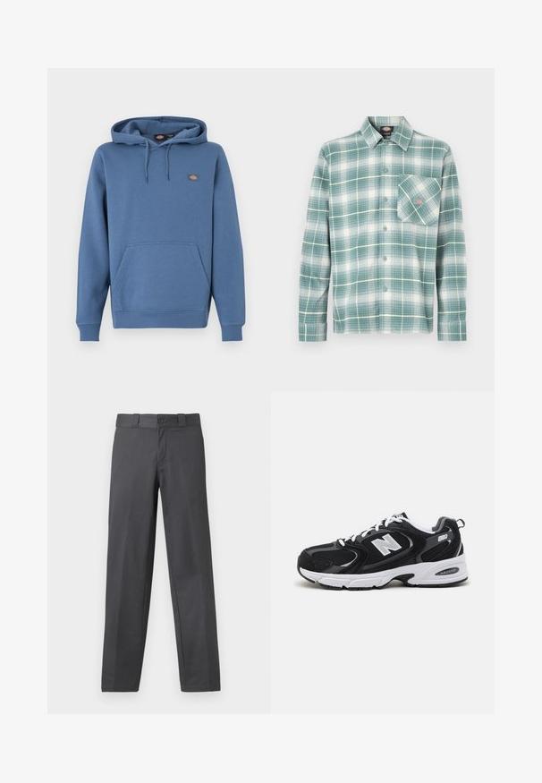 Sweat à capuche de couleur bleu moyen, fabriqué en matière douce avec une poche avant, des poignets côtelés et un logo brodé sur la poitrine.; Chemise à carreaux vert et blanc, en flanelle. Dotée d'un col boutonné, de manches longues et d'une poche unique sur le côté gauche de la poitrine.; Pantalon gris en tissu lisse, avec une coupe droite, une fermeture à bouton et des passants de ceinture ; coutures minimales et sans motifs.; Baskets de sport noires et grises avec un tige en mesh et en suède, présentant une semelle intermédiaire blanche, des lacets et un logo "N" audacieux sur le côté.