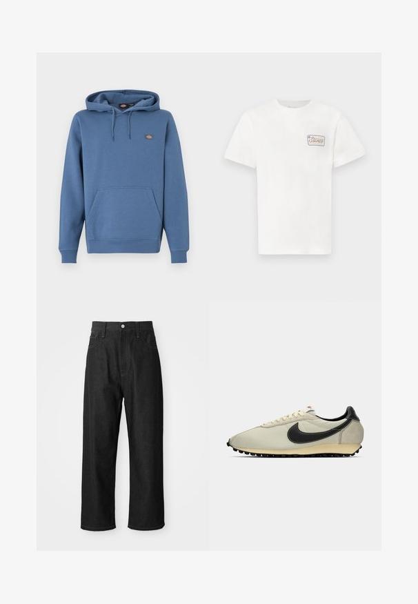 Kapuzensweatshirt in mittlerem Blau, aus weichem Material, mit einer Fronttasche, gerippten Bündchen und einem gestickten Logo auf der Brust.; Weißes Baumwoll-T-Shirt mit kurzen Ärmeln, das auf der linken Brust eine kleine rechteckige Logo-Patch mit buntem Text und Rand aufweist.; Schwarze Jeanshose mit relaxtem Schnitt, hohem Bund, Reißverschluss und Fünf-Taschen-Design. Sichtbare Nähte setzen Akzente.; Beige Leinensneaker mit schwarzen Lederelementen, runder Spitze, flacher schwarzer Außensohle und weißen Schnürsenkeln. Hat ein auffälliges schwarzes Logo.