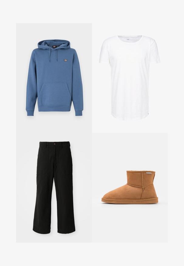 Sweat à capuche de couleur bleu moyen, fabriqué en matière douce avec une poche avant, des poignets côtelés et un logo brodé sur la poitrine.; T-shirt blanc à manches courtes fabriqué en tissu de coton doux. Présente un col rond et une coupe décontractée avec une étiquette de marque discrète sur l'ourlet.; Pantalons noirs à large jambe en tissu doux, dotés de poches avant et d'une fermeture à bouton à la taille. Design minimaliste sans motifs visibles.; Bottine en suède marron à bout arrondi, doublure intérieure douce, détails cousus et semelle en caoutchouc. Étiquette de la marque visible sur le côté.