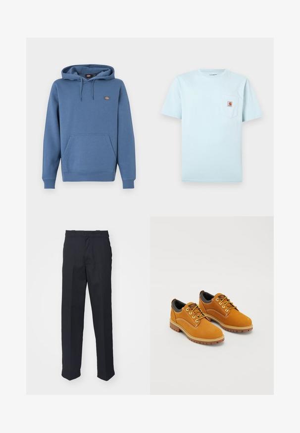 Kapuzensweatshirt in mittlerem Blau, aus weichem Material, mit einer Fronttasche, gerippten Bündchen und einem gestickten Logo auf der Brust.; Hellblaues T-Shirt mit kurzen Ärmeln und Rundhalsausschnitt, mit Brusttasche, die ein kleines braunes und orangefarbenes Carhartt-Logo-Patch trägt.; Schwarze maßgeschneiderte Hose mit geradem Schnitt, aus glattem Stoff gefertigt, mit einem Bund mit Gürtelschlaufen und ohne sichtbare Muster oder Beschläge.; Braune Wildlederschuhe mit einer runden Zehenpartie, gelben Schnürsenkeln, einem gepolsterten schwarzen Kragen und Gummisohlen mit Rillen für besseren Halt.