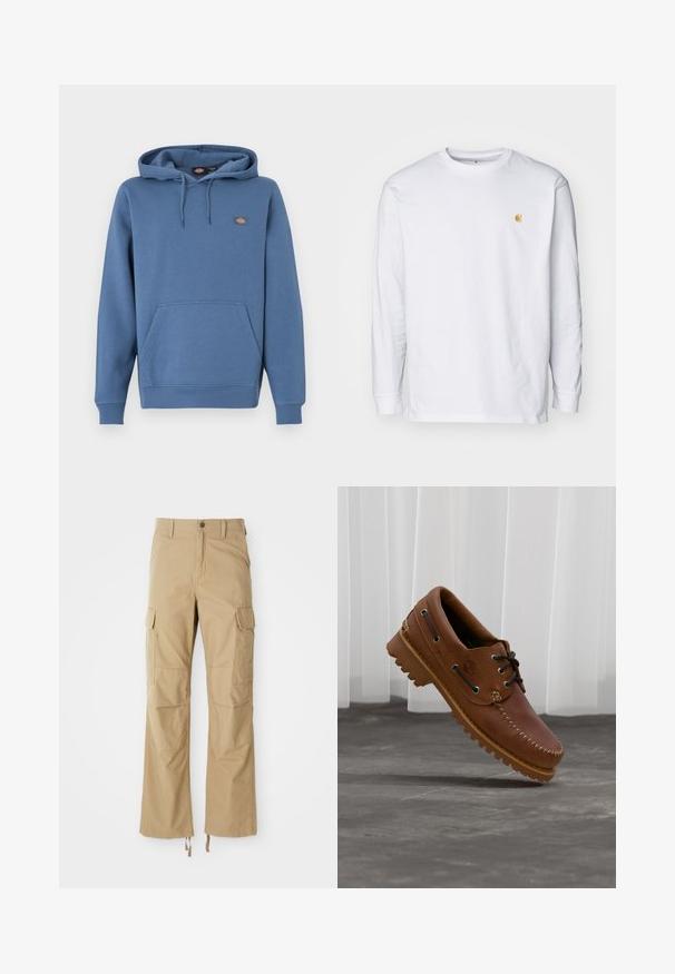 Sweat à capuche de couleur bleu moyen, fabriqué en matière douce avec une poche avant, des poignets côtelés et un logo brodé sur la poitrine.; T-shirt à manches longues blanc en coton. Présente un petit logo doré sur la poitrine et un col rond. Design simple et coupe standard.; Pantalons cargo kaki en tissu durable, dotés de plusieurs poches latérales, d'une coupe droite et de cordons de serrage réglables à l'ourlet.; Chaussure de bateau en cuir marron avec des lacets noirs, des coutures beiges et une semelle robuste, suspendue au-dessus d'un sol en béton gris.
