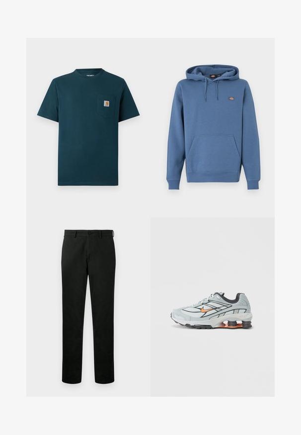 Hoodie in middenblauwe kleur, gemaakt van zacht materiaal met een voorzak, geribbelde manchetten en een geborduurd logo op de borst.; Donkerblauwe T-shirt met korte mouwen en ronde hals, voorzien van een borstzakje met een klein Carhartt-logo patch.; Zwarte rechte broek met knoop- en rit sluiting, riemlussen en een gladde, effen stofafwerking.; Lichtgrijze hardloopschoen met zwarte accenten, oranje logo, bovenwerk van mesh, gevoerde kraag en rubberen zool met zichtbare schokabsorberende elementen.