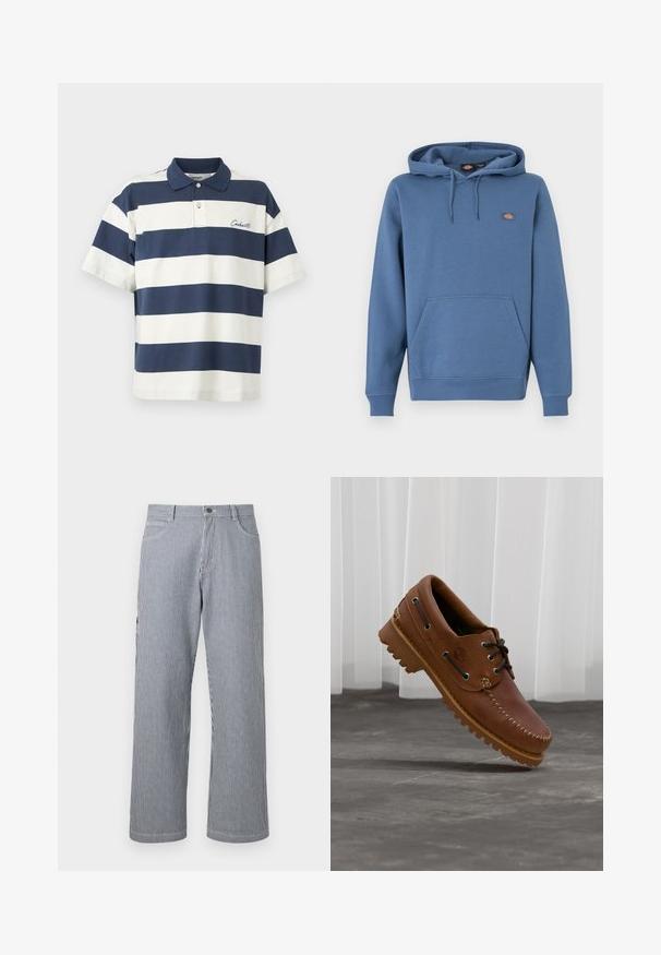 Sweat à capuche de couleur bleu moyen, fabriqué en matière douce avec une poche avant, des poignets côtelés et un logo brodé sur la poitrine.; Polo à manches courtes à rayures horizontales bleu marine et blanc, avec col et patte de boutonnage à deux boutons, arborant un petit nom de marque brodé sur la poitrine.; Pantalon à jambe droite à rayures verticales grises et blanches, avec poches avant et taille à fermeture boutonnée.; Chaussure de bateau en cuir marron avec des lacets noirs, des coutures beiges et une semelle robuste, suspendue au-dessus d'un sol en béton gris.