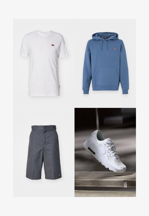 Sweat à capuche de couleur bleu moyen, fabriqué en matière douce avec une poche avant, des poignets côtelés et un logo brodé sur la poitrine.; T-shirt blanc uni à manches courtes avec un petit logo en demi-cercle rouge et orange sur la partie supérieure gauche de la poitrine.; Shorts gris en tissu durable, dotés d'une coupe droite, de deux poches latérales et d'un petit logo sur la poche arrière.; Sneaker Nike Air Max 90 blanche avec une tige en mesh et cuir, une boîte à orteils perforée et une unité air visible au talon.
