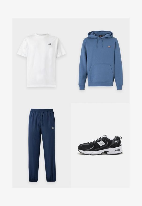 Kapuzensweatshirt in mittlerem Blau, aus weichem Material, mit einer Fronttasche, gerippten Bündchen und einem gestickten Logo auf der Brust.; Weißes T-Shirt mit kurzen Ärmeln und Rundhalsausschnitt mit kleinem schwarzem New Balance-Logo auf der oberen linken Brust auf einem einfarbigen hellen Hintergrund.; Dunkelblaue Umbro Jogginghose mit elastischem Bund und Bündchen, seitlichen Taschen und Umbro-Logo am linken Oberschenkel.; Schwarze und graue Sportschuhe mit Obermaterial aus Mesh und Wildleder, ausgestattet mit einer weißen Zwischensohle, Schnürsenkeln und einem markanten "N"-Logo an der Seite.