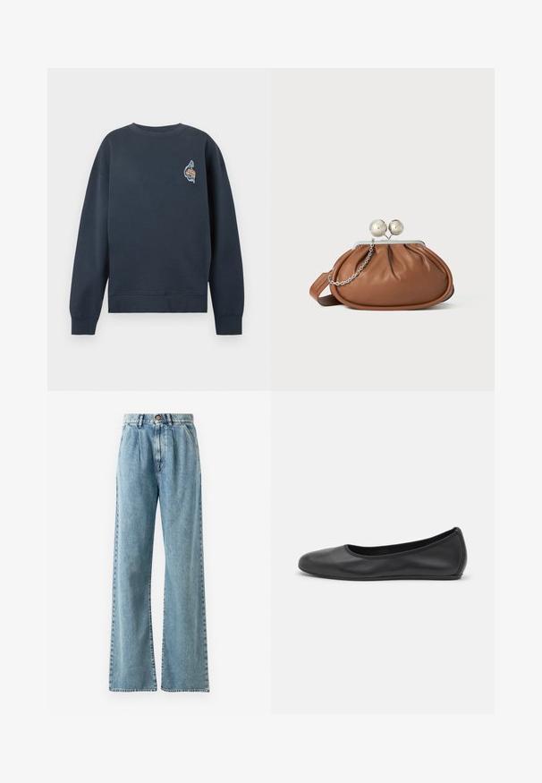Marineblå crewneck sweatshirt med lange ærmer og et lille farverigt grafisk badge på venstre bryst.; Lysblå højtaljede bukser med bred ben i denim, med knaplukning, markante bukser og syede lommer.; Sort læderballetsko med rund tå, glat tekstur, minimal syning og et fleksibelt såldesign.; Brun læder clutch-pung med sølv kugleklap og en lille sølv kædedetalje på en hvid baggrund.