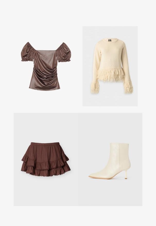Pull crème à manches longues avec un col rond, présentant des détails de franges texturées à l'ourlet et aux poignets.; Top en satin marron à épaules dénudées avec des manches bouffantes, des détails froncés à l'avant et une texture lisse. Poignets élastiques aux extrémités des manches.; Mini-jupe marron à volants superposés avec une ceinture élastique et des volants bordés de dentelle sur un fond clair uni.; Botte de cheville crème à bout pointu et talon moyen élancé, texture lisse, présentée de l'extérieur sur fond blanc.