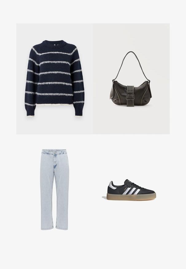 Pieces Knitted PCNEILIA - Jersey de punto - sky captain; Jeans de mezclilla de color azul claro con un corte recto, que presentan un cierre de botón y cremallera convencional, y una textura ligeramente desgastada.; Zapatilla deportiva de cuero negro con tres rayas plateadas, punta texturizada y suela de goma. Cuenta con un collar acolchado y un diseño con cordones.; Bolso de hombro de cuero negro con detalle de correa con hebilla, bordes curvos y costuras blancas en contraste sobre un fondo liso.