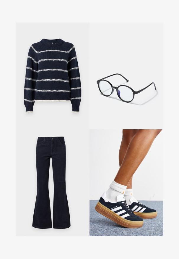 Pieces Knitted PCNEILIA - Strickpullover - sky captain; Die ausgestellten dunkelblauen Cordhosen haben eine hohe Taille, fünf Taschen und einen Knopfverschluss, mit einer weichen Textur und geripptem Oberflächenmuster.; Beine mit weißen Socken und schwarzen Adidas Gazelle Sneakers mit weißen Streifen und dicken braunen Sohlen auf einem grauen Teppichboden.; Runde schwarze Brillen mit dünnen Rahmen, klaren Gläsern und einem leichten lila Farbton auf einer Seite; elegantes Design mit polierter Oberfläche.