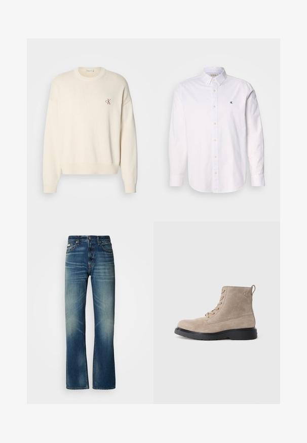 Kremfarvet strikket sweater med ribbet tekstur, rund halsudskæring og drop-skuldrer. Har et lille brunt broderet logo på brystet.; Hvid skjorte med knappelukning lavet af bomuld, med klassisk krave, lange ærmer og et lille CK-logo på venstre bryst. Glat tekstur.; Blå denim jeans med lige pasform, medium vask, blegede detaljer, fem lommer og knaplukning. Distinkt syning langs sømmen.; Beige ruskindsankelstøvler med sort gummisål, snørelukning og et lille logo præget på siden, med en løftestrop bagpå.