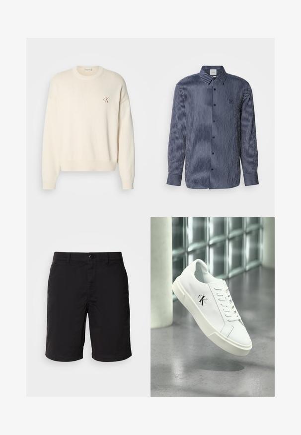 Kremfarvet strikket sweater med ribbet tekstur, rund halsudskæring og drop-skuldrer. Har et lille brunt broderet logo på brystet.; Marineblå skjorte med knapper, hvide lodrette striber, lange ærmer, spids krave og broderet logo på brystet.; Sorte shorts lavet af letvægtsstof, med knaplukning, standard talje og lige snit. Ingen mønstre eller synlige detaljer.; Hvid Calvin Klein sneaker med snørebånd, vist svævende over en poleret betongulv og en baggrund af glasblokke.