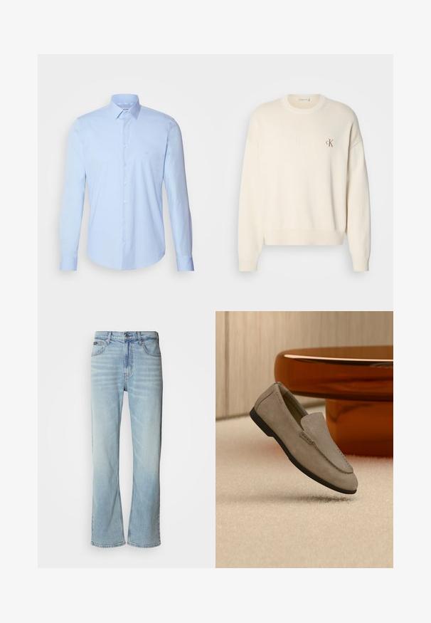 Pull en tricot couleur crème avec une texture côtelée, col rond et épaules tombantes. Présente un petit logo brodé marron sur la poitrine.; Chemise boutonnée bleu clair en coton, avec un col classique, des manches longues et un petit logo sur la poitrine. Texture lisse.; Jeans en denim bleu clair avec une coupe droite, dotés de cinq poches, d'une fermeture à bouton et d'une légère décoloration sur le tissu.; Mocassin en suède marron clair avec semelle noire, posé sur un tapis beige devant une table circulaire marron réfléchissante contre un mur en bois.