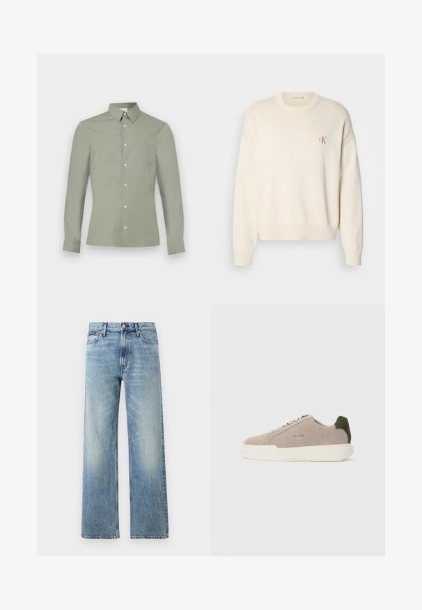 Pull en tricot couleur crème avec une texture côtelée, col rond et épaules tombantes. Présente un petit logo brodé marron sur la poitrine.; Chemise à manches longues vert clair avec col boutonné et boutons blancs, présentée sur un fond blanc uni.; Jean droit en denim bleu clair avec taille haute, cinq poches, fermeture à boutons et léger délavage sur les cuisses et les genoux.; Baskets en suède beige avec une semelle en caoutchouc blanche, présentant un accent de talon vert foncé et une branding subtile sur le côté.