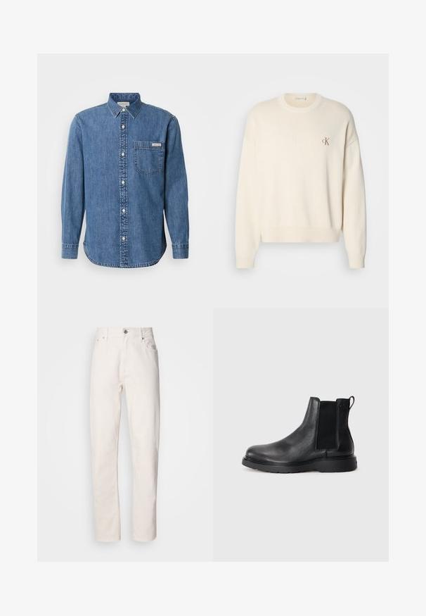 Kremfarvet strikket sweater med ribbet tekstur, rund halsudskæring og drop-skuldrer. Har et lille brunt broderet logo på brystet.; Denimskjorte i mellemblå med knappet krave, lange ærmer, forlommes og hvide knapper. Har en let buet kant.; Hvide denim jeans med lige ben, med knap- og lynlåslukning, bæltestropper samt for- og baglommer, præsenteret på en ensfarvet baggrund.; Sorte læder chelsea støvler med tekstureret finish, elastiske sidepaneler og en robust gummisål. Subtil branding på hælen.