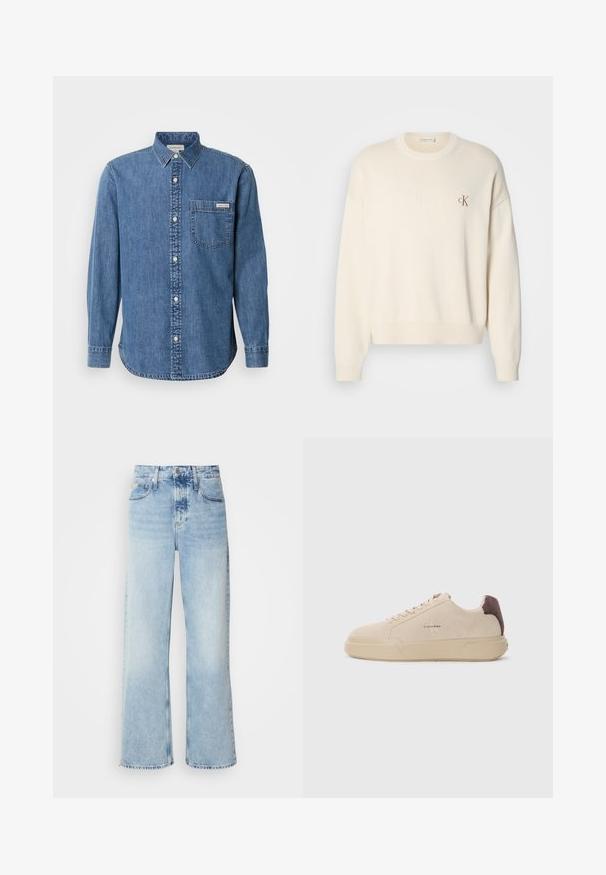 Kremfarvet strikket sweater med ribbet tekstur, rund halsudskæring og drop-skuldrer. Har et lille brunt broderet logo på brystet.; Denimskjorte i mellemblå med knappet krave, lange ærmer, forlommes og hvide knapper. Har en let buet kant.; Lysblå vide jeans med høj talje, der har en falmet finish, bæltestropper og klassisk fem-lomme design. Kantene er rå.; Beige ruskind sneakers med rund tå, snørret foran og en brun ruskindsdetalje på hælen. Har en tekstureret gummisål.