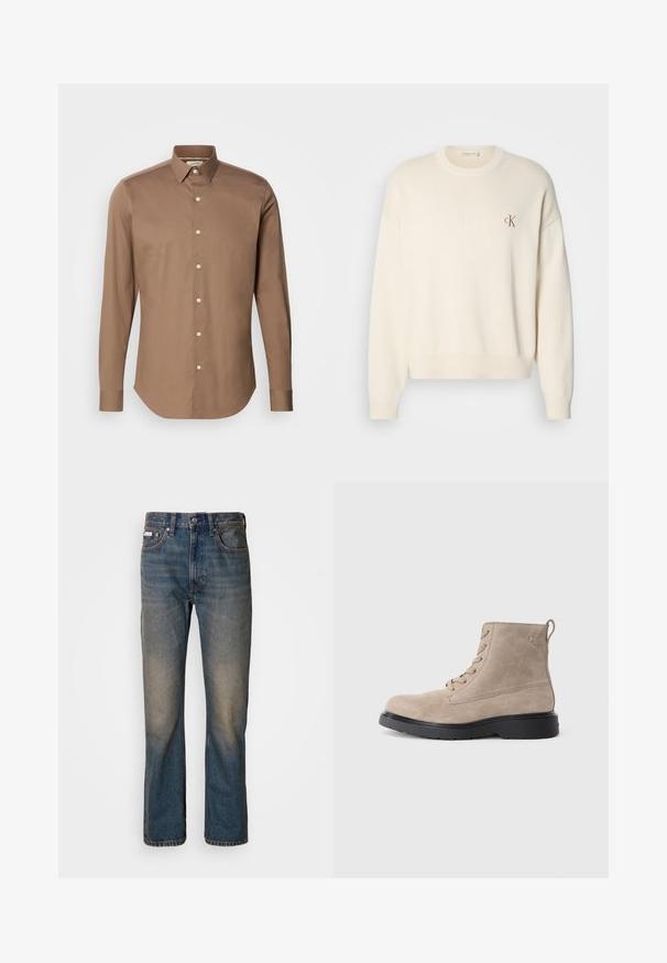 Pull en tricot couleur crème avec une texture côtelée, col rond et épaules tombantes. Présente un petit logo brodé marron sur la poitrine.; Calvin Klein SLIM - Chemise - new tan; Jean taille haute bleu en denim, avec une coupe droite, des patchs décolorés et usés, et un style traditionnel à cinq poches.; Bottines en daim beige avec semelle en caoutchouc noir, design à lacets, et un petit logo embossé sur le côté, avec une languette à l'arrière.