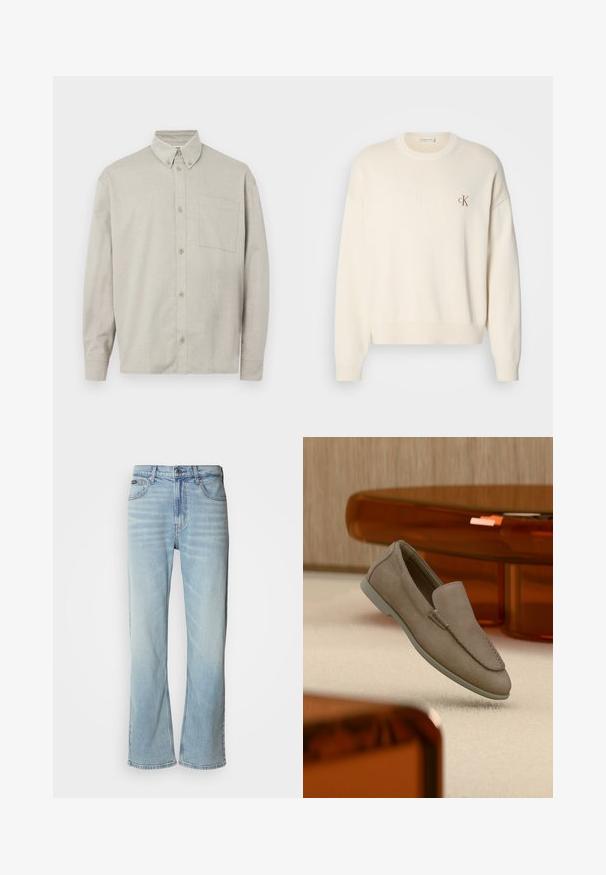 Kremfarvet strikket sweater med ribbet tekstur, rund halsudskæring og drop-skuldrer. Har et lille brunt broderet logo på brystet.; Lysegrå langærmet skjorte med knapper, lavet af blødt stof. Har en button-down krave, en frontal lomme og en afslappet pasform.; Lyseblå denimjeans med lige ben, der har fem lommer, knaplukning og en subtil falmning på stoffet.; Beige ruskind slip-on loafer med synlige syninger og lys sål, placeret over cremefarvet tæppe med orange gennemsigtigt møbel i baggrunden.