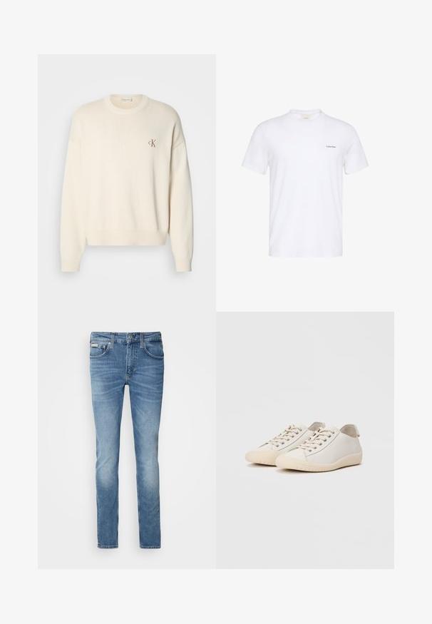 Crème-kleurige gebreide trui met een geribbelde structuur, ronde halslijn en drop shoulders. Bevat een klein bruin geborduurd logo op de borst.; Witte T-shirt met korte mouwen en ronde hals, met klein zwart Calvin Klein-logo op de linkerborst.; Lichtblauwe denim jeans met een slim fit, vijf zakken, zichtbare stiksels en een subtiele vervaging. Voorzien van een merkpatch op de tailleband.; Witte sneakers van glad leer met ton-sur-ton stiksels, vetersluiting, ronde neus en een gestructureerde rubberen zool.